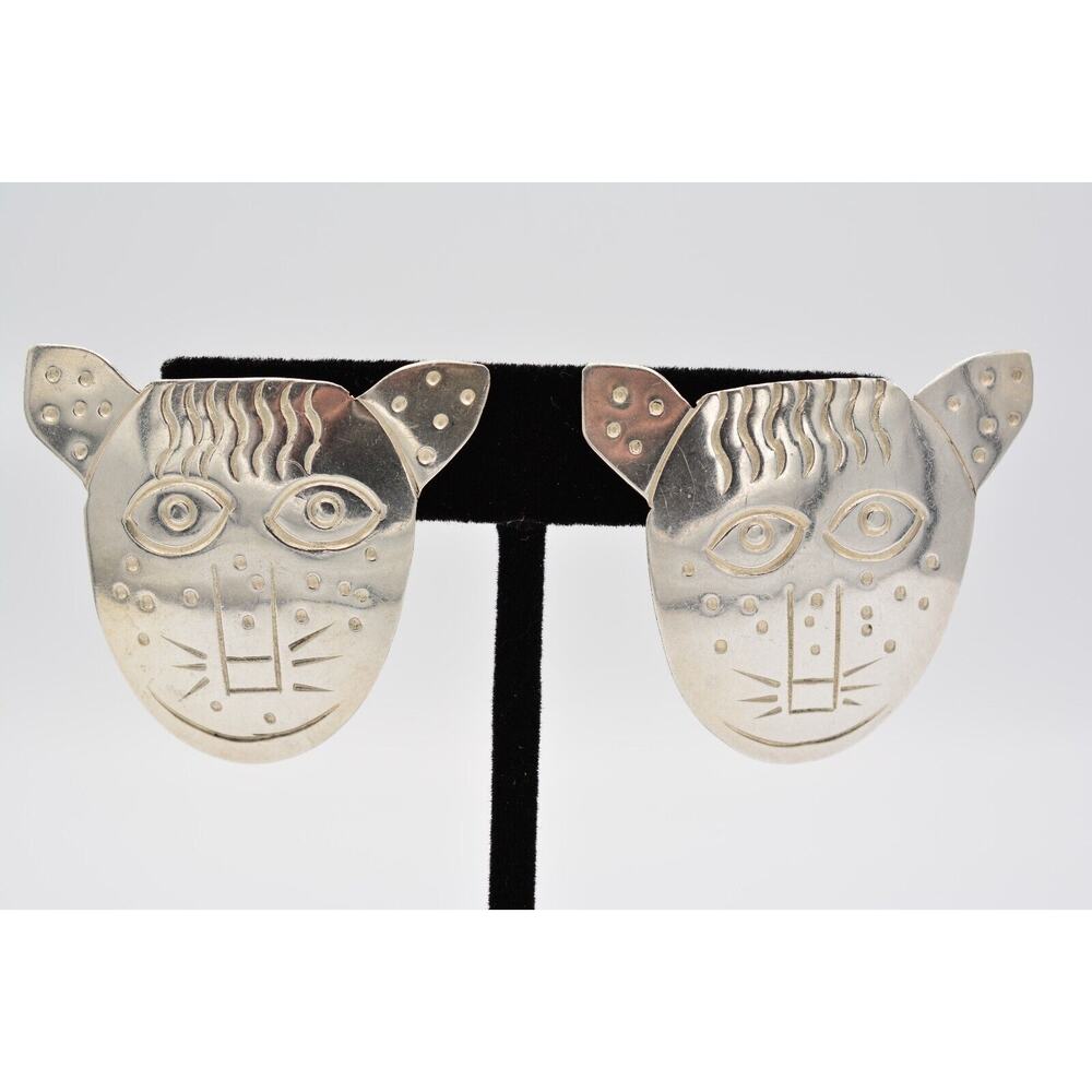Woods Sterling Dangle Earrings 925 Silver Cat Tiger Animal Tribal Signed BinAI